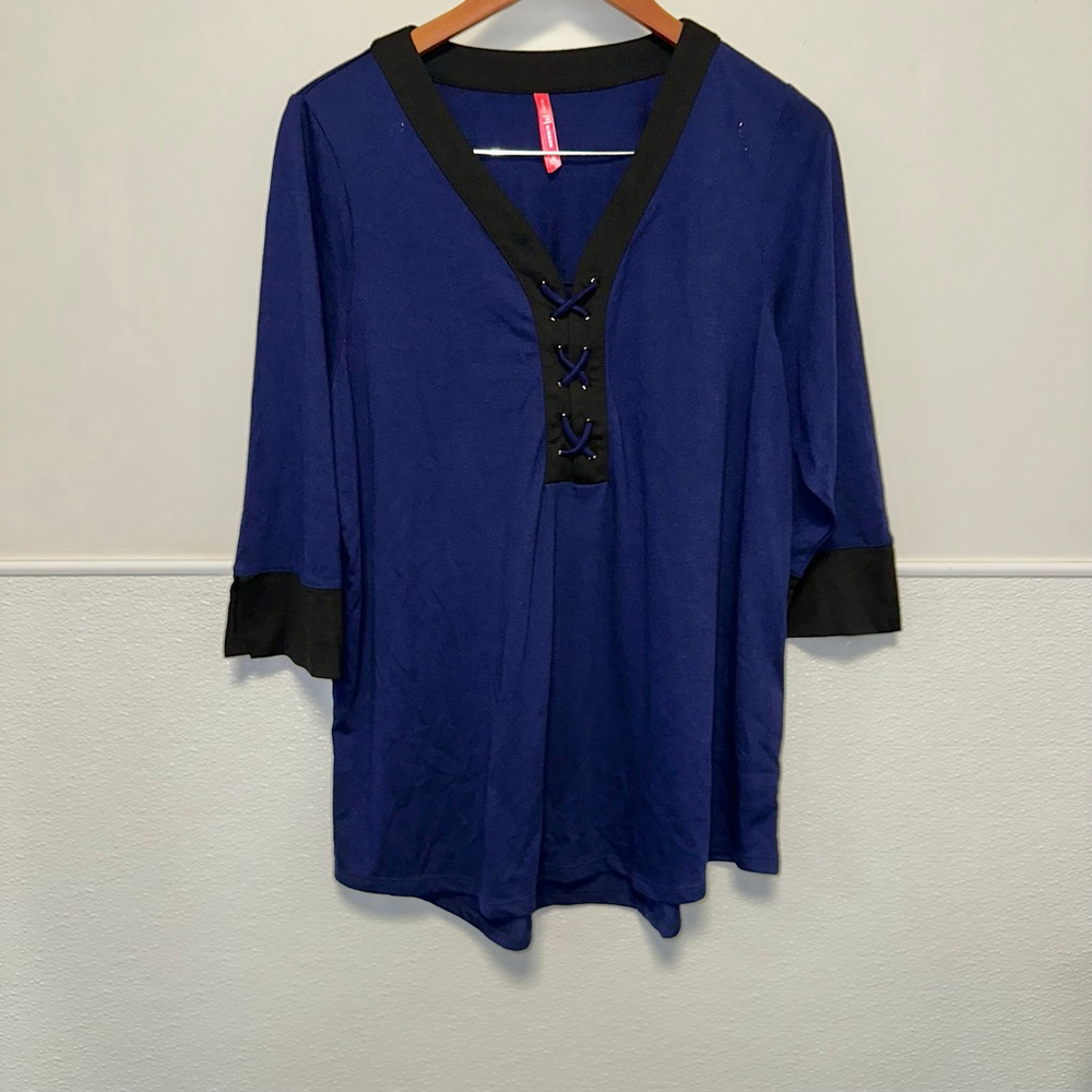 Women's Ruby Ribbon Top XL Blue Black Tie Criss Cross Front Blouse